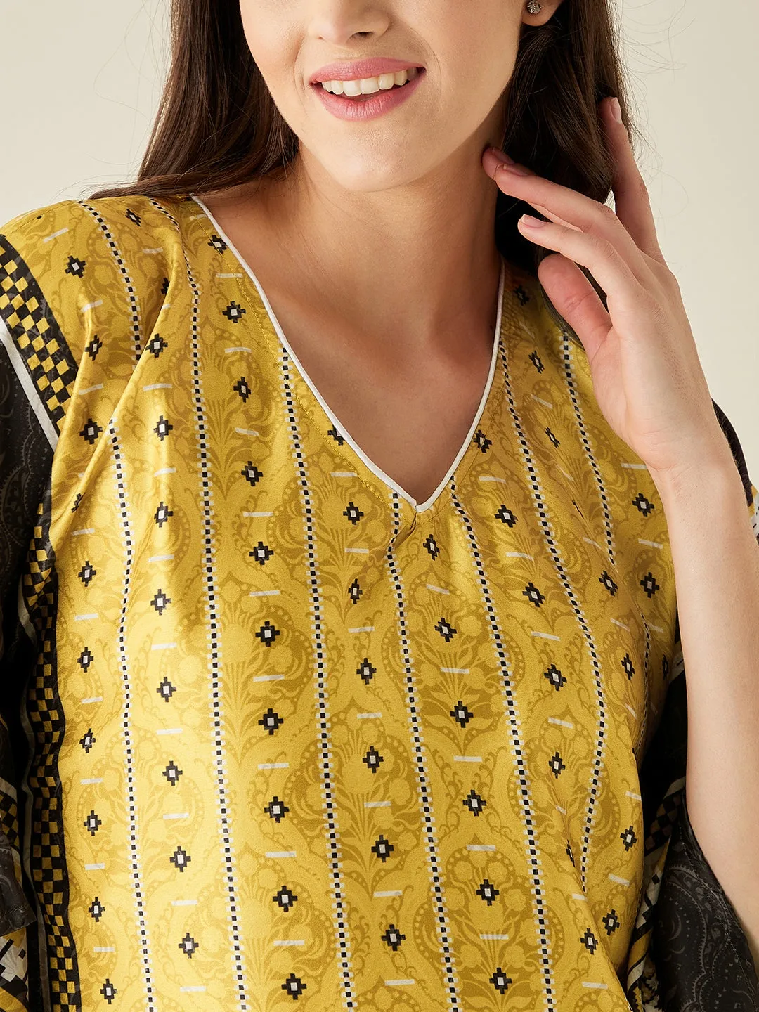Yellow Geometric Fusion Satin Kaftan Nightdress  - The Kaftan Company
