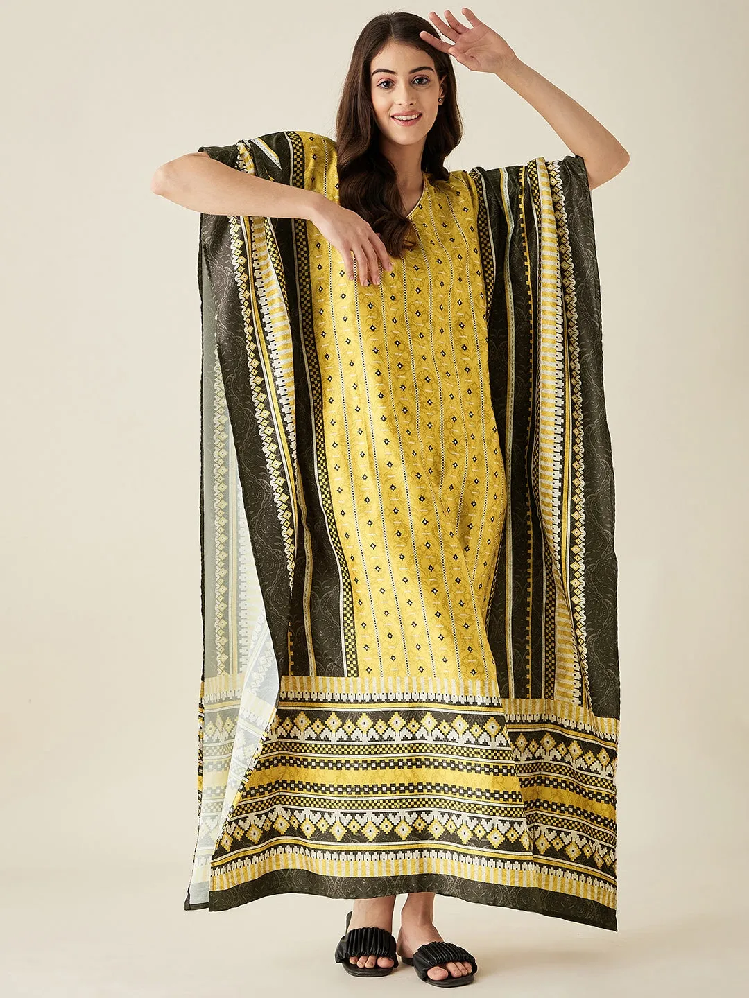 Yellow Geometric Fusion Satin Kaftan Nightdress  - The Kaftan Company