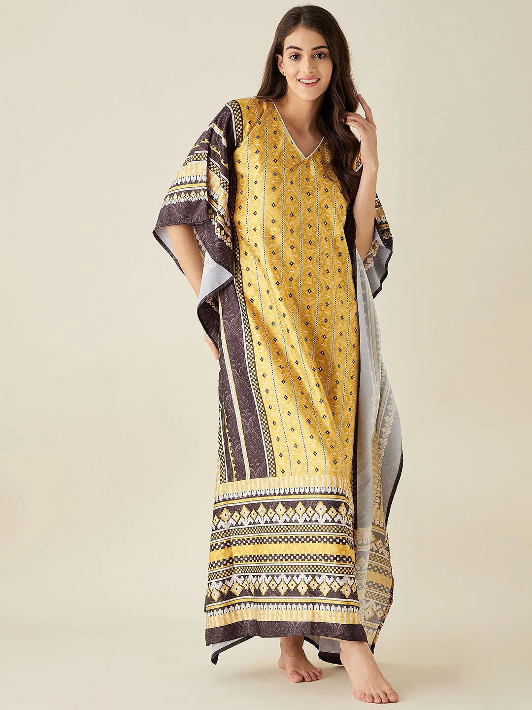 Yellow Geometric Fusion Satin Kaftan Nightdress  - The Kaftan Company