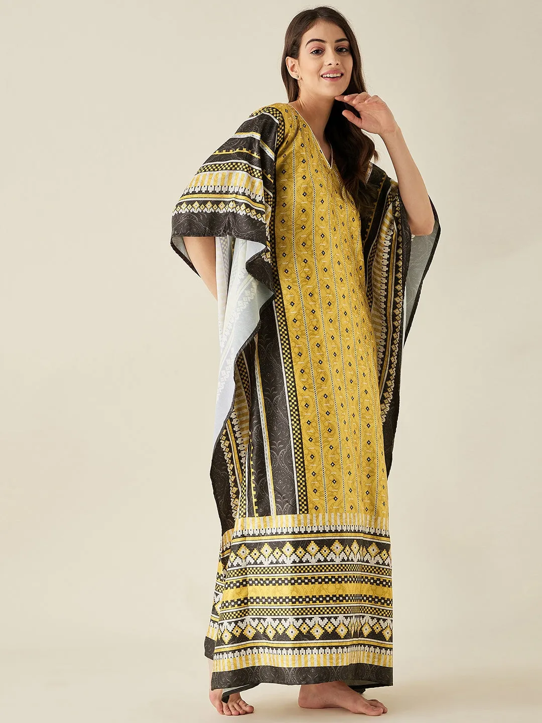 Yellow Geometric Fusion Satin Kaftan Nightdress  - The Kaftan Company