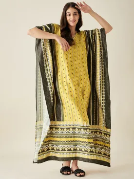 Yellow Geometric Fusion Satin Kaftan Nightdress  - The Kaftan Company