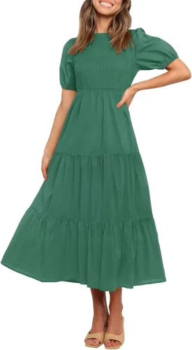 ZESICA Women's Casual Summer Crew Neck Short Puff Sleeve Smocked High Waist Ruffle Tiered A Line Midi Dress