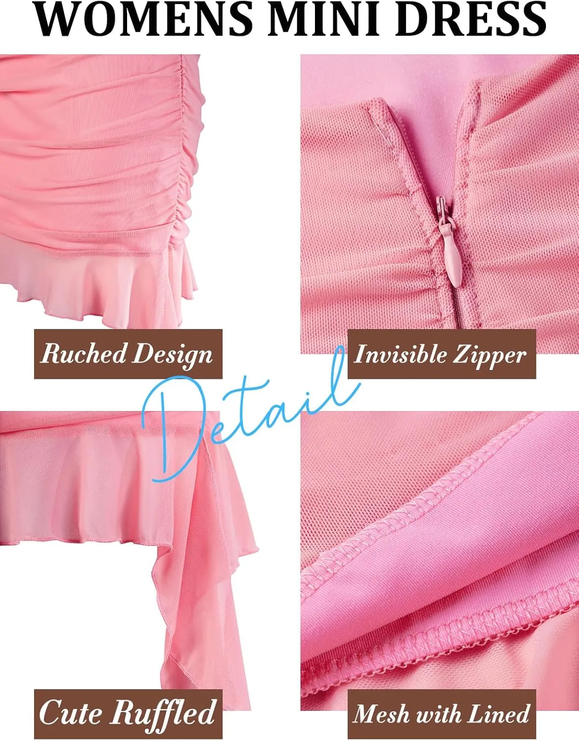 Zwurew Women's Bodycon Mini Dress Summer Sleeveless Ruched Mesh Ruffled Hem Club Party Dresses