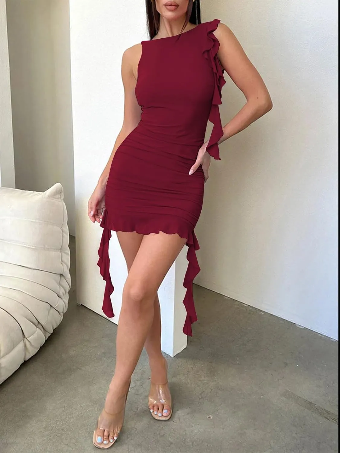 Zwurew Women's Bodycon Mini Dress Summer Sleeveless Ruched Mesh Ruffled Hem Club Party Dresses